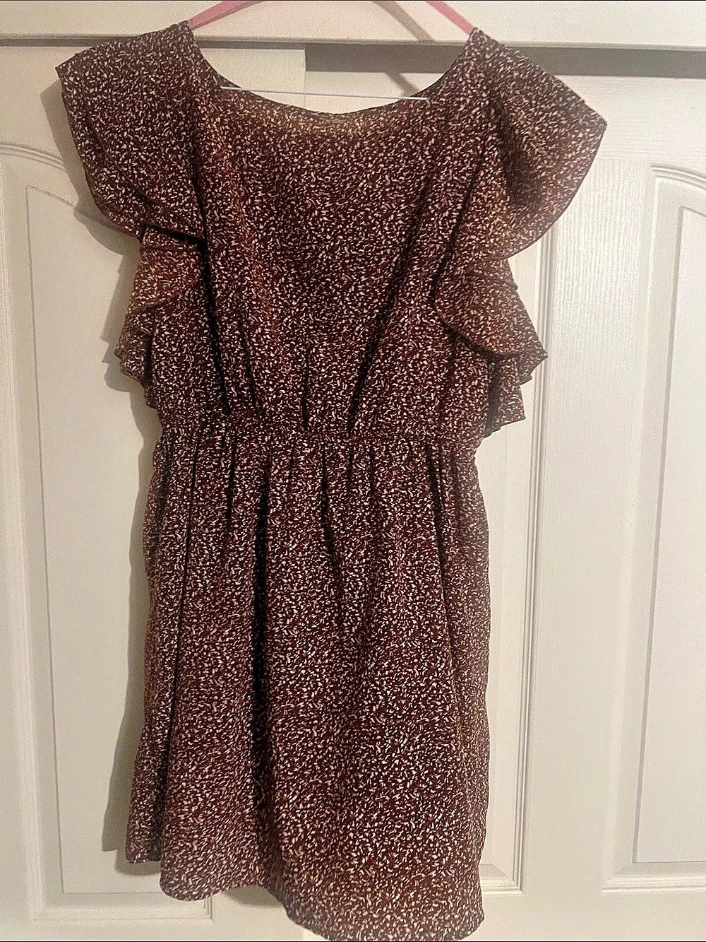 Brown & Cream elastic waistline Dress with pockets